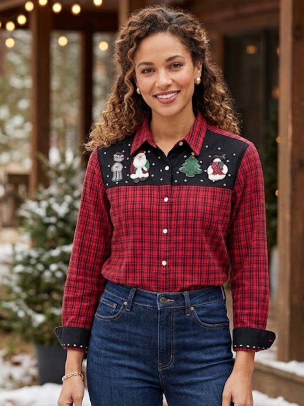 Lemon Grass Vintage Christmas Red Plaid Button Down Shirt Size L Holiday Appliqu